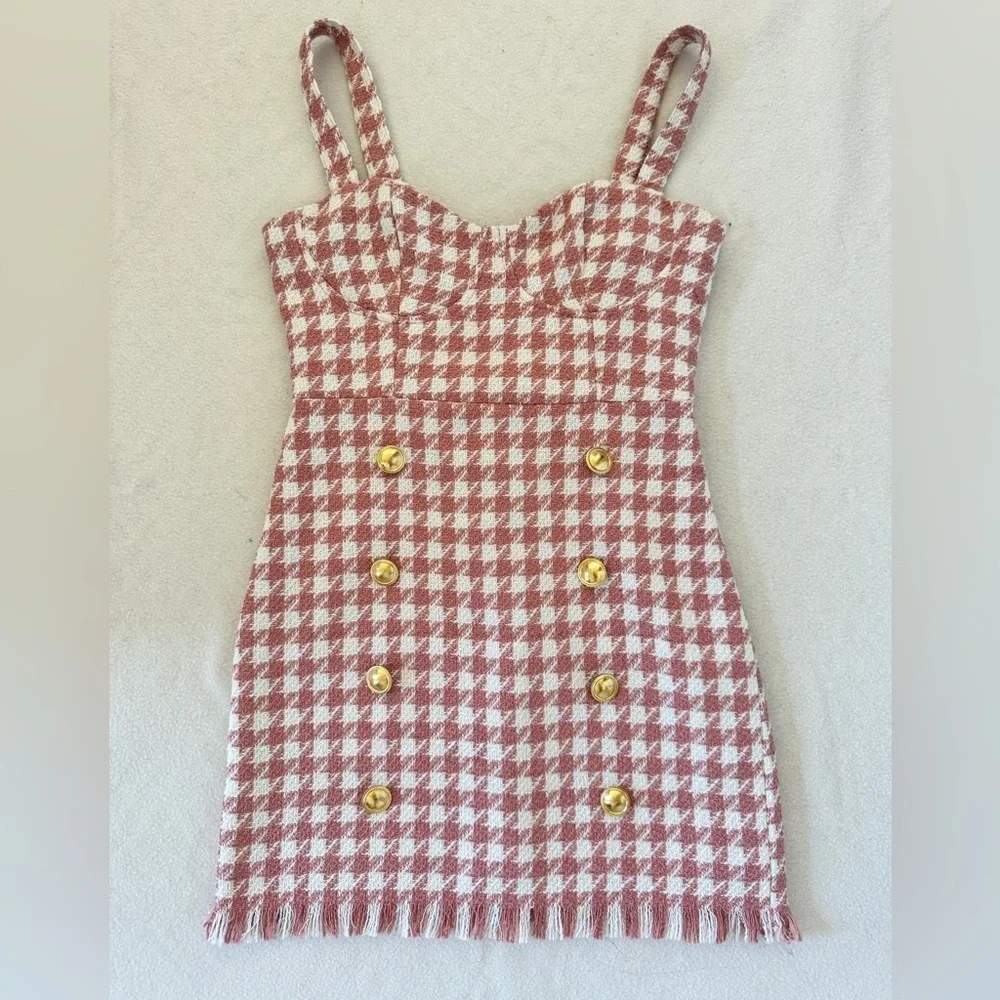 Forever 21 Pink and White Plaid Mini Tweed Dress S - Picture 5 of 11